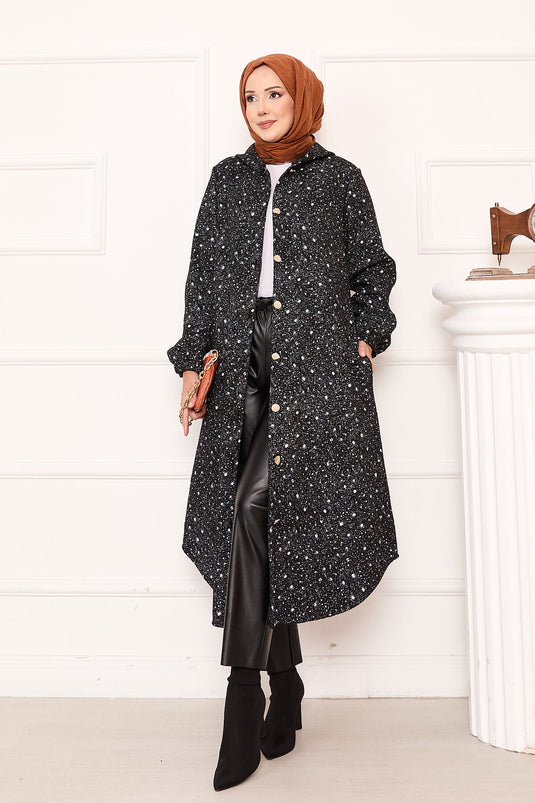 Patterned Full-Length Buttoned Kaşe Closure Black and White