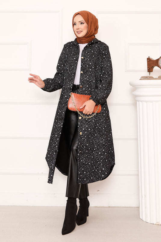 Patterned Full-Length Buttoned Kaşe Closure Black and White