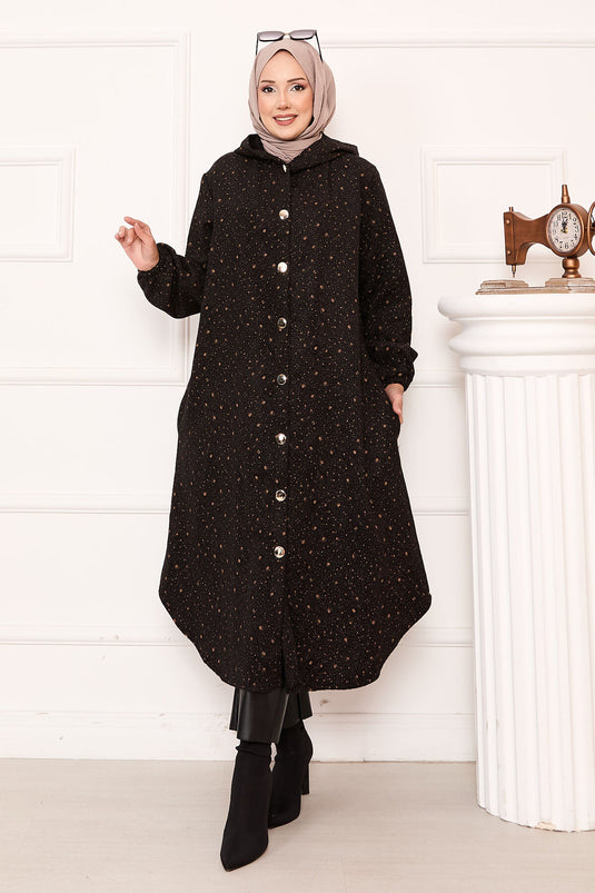 عباءة مزخرفة كاملة الطول مزودة بأزرار على طراز كاشي كاب – أسود-فوزون