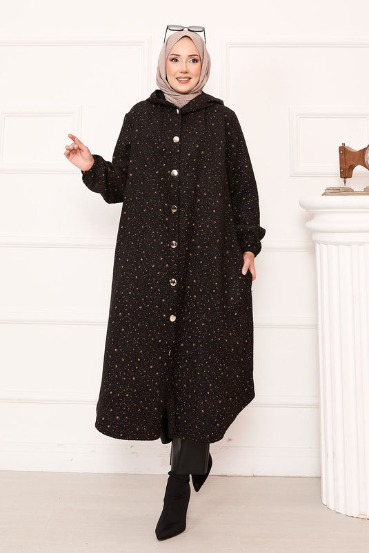 عباءة مزخرفة كاملة الطول مزودة بأزرار على طراز كاشي كاب – أسود-فوزون