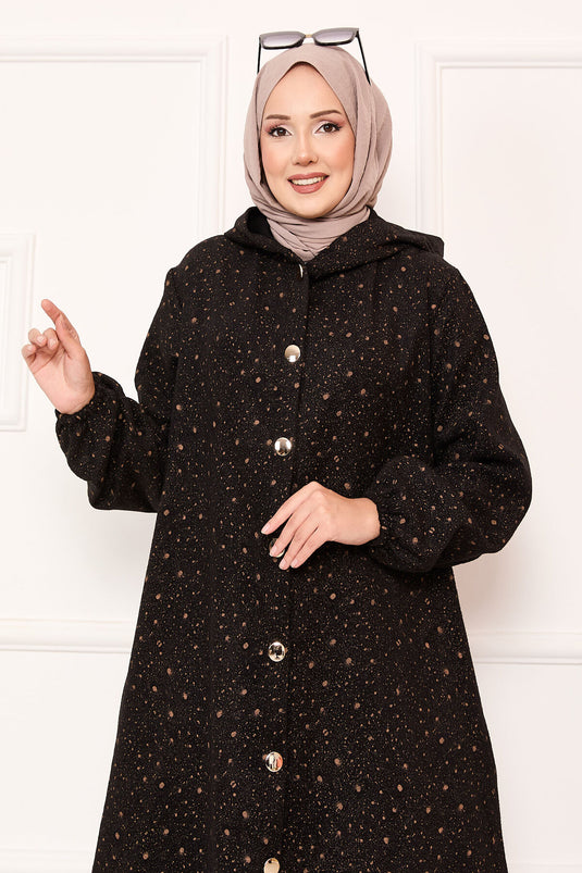 عباءة مزخرفة كاملة الطول مزودة بأزرار على طراز كاشي كاب – أسود-فوزون