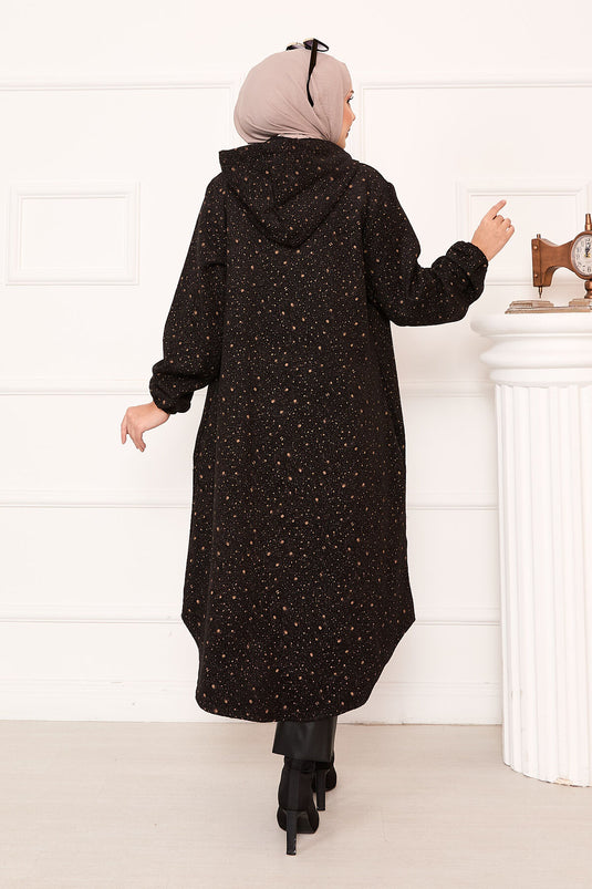 عباءة مزخرفة كاملة الطول مزودة بأزرار على طراز كاشي كاب – أسود-فوزون