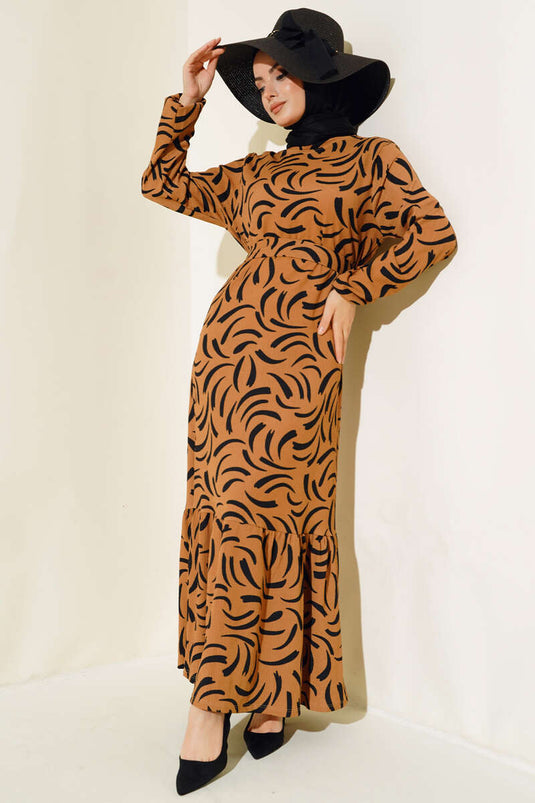 Patterned Ruffled Dress Camel