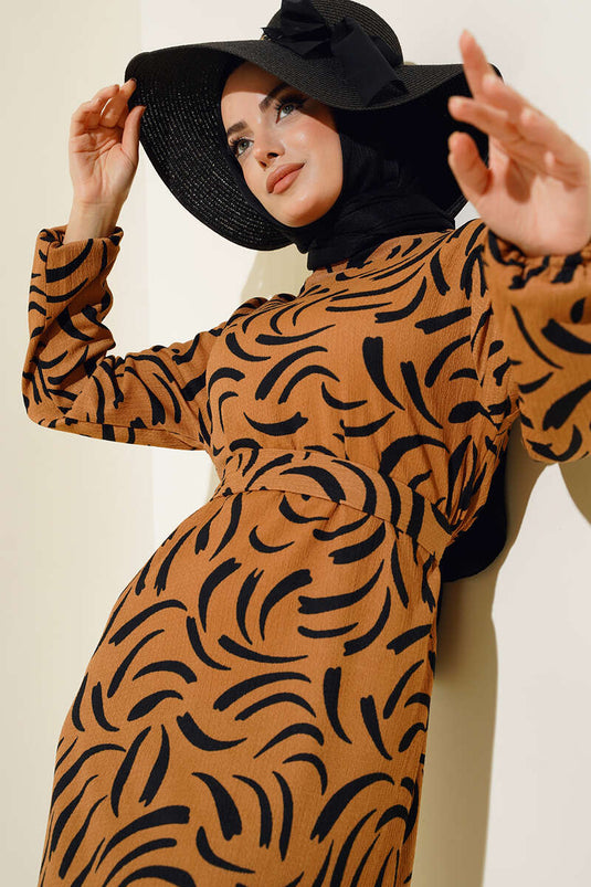 Patterned Ruffled Dress Camel