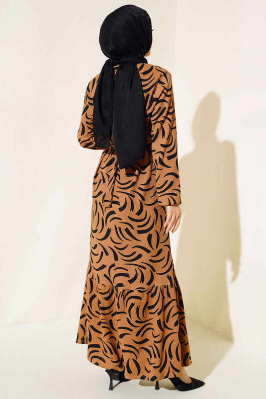Desenli Bürümcük Elbise Camel