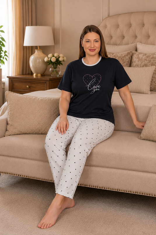 Desenli Büyük Beden Pijama Takımı -11