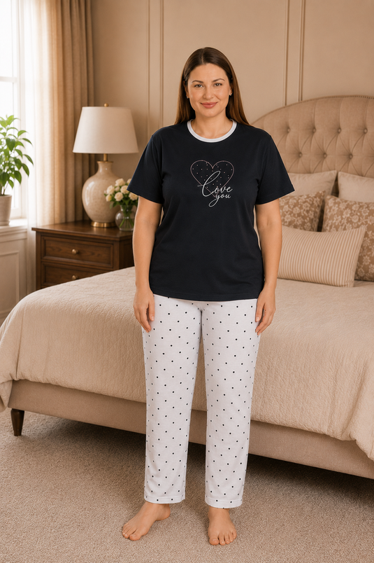 Desenli Büyük Beden Pijama Takımı -11