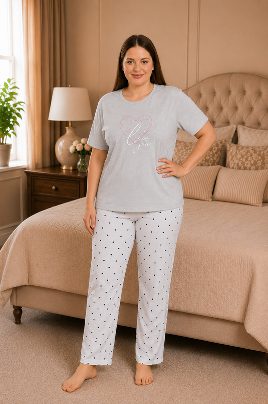 Desenli Büyük Beden Pijama Takımı Açık Gri