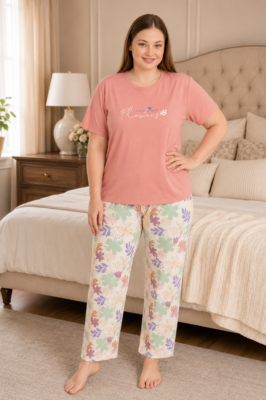 Desenli Büyük Beden Pijama Takımı Koyu Pudra