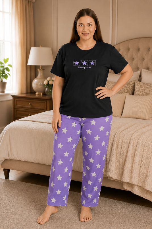 Desenli Büyük Beden Pijama Takımı Lacivert