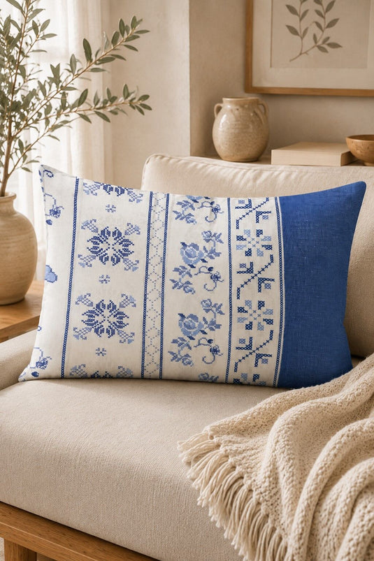 Housse de coussin à motifs bleue