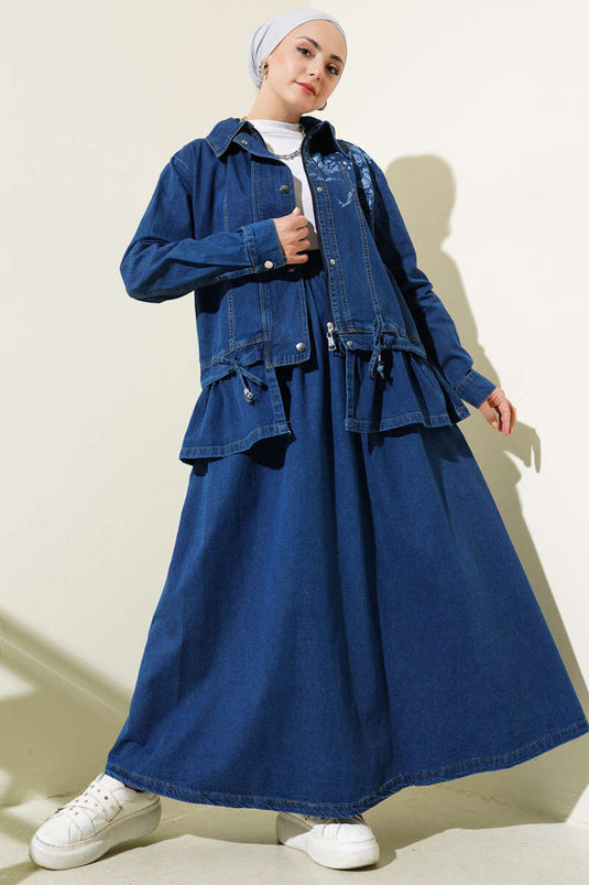 Patterned Snap Button Skirted Denim Suit Navy Blue