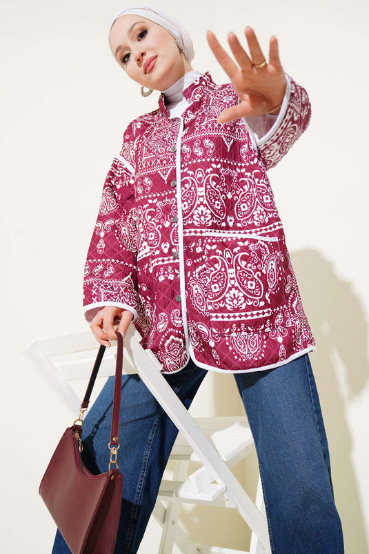 Patterned Snap-Front Quilted Jacket Burgundy