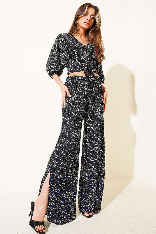 Patterned Cropped Two-Piece Set Black