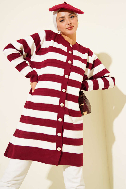 Patterned Button Detailed Knit Cardigan Burgundy