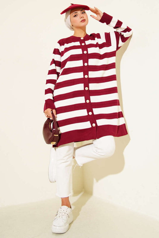 Patterned Button Detailed Knit Cardigan Burgundy