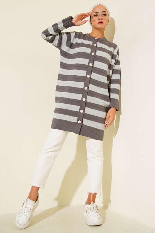 Patterned Button Detailed Knitwear Cardigan Smoke