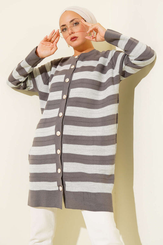 Patterned Button Detailed Knitwear Cardigan Smoke