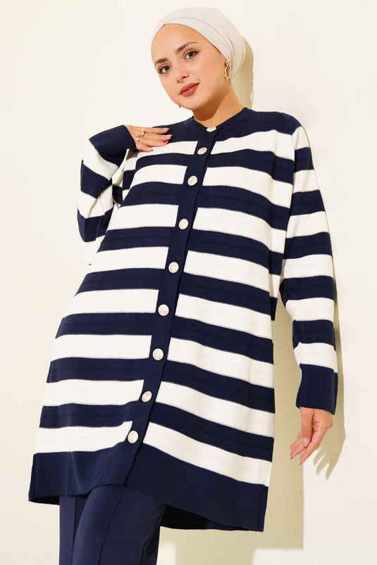 Patterned Button Detailed Knit Cardigan Navy Blue