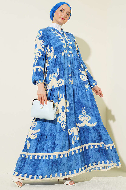 Robe à motifs avec boutons et poignets élastiqués bleue