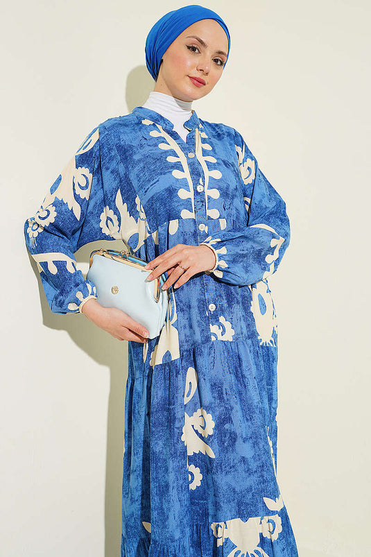 Robe à motifs avec boutons et poignets élastiqués bleue