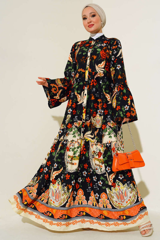 Patterned Buttoned Floor Dress Black Orange