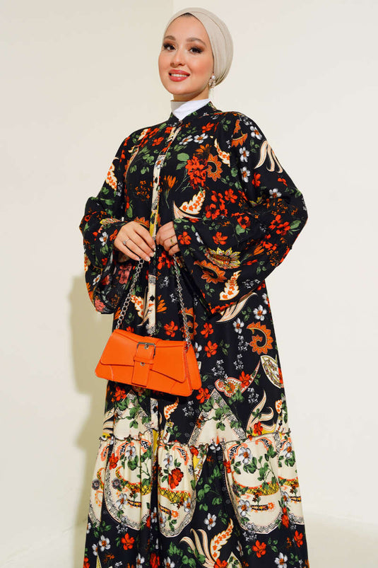 Patterned Buttoned Floor Dress Black Orange