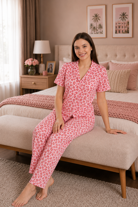 Desenli Düğmeli Pijama Takımı Pembe-Kırmızı
