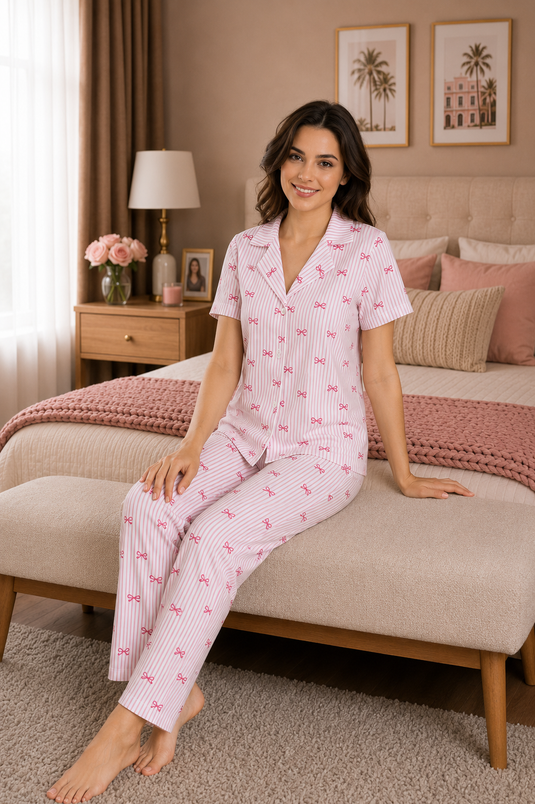 Desenli Düğmeli Pijama Takımı Toz Pembe