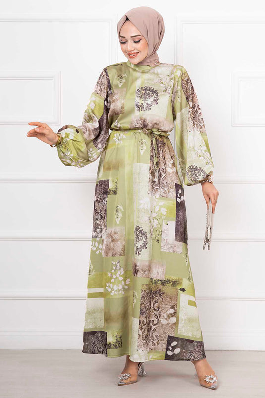 Robe Hijab Longue En Satin À Motifs Vert