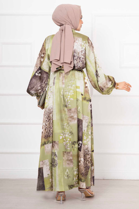 Robe Hijab Longue En Satin À Motifs Vert