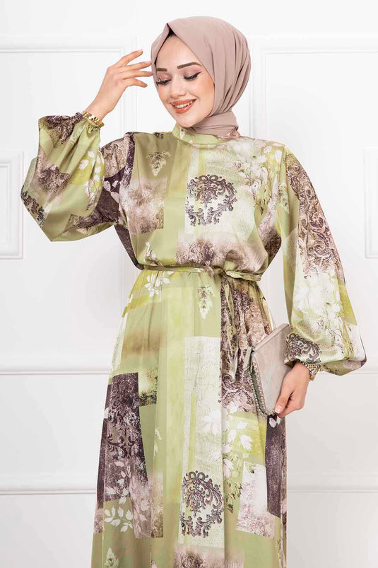 Robe Hijab Longue En Satin À Motifs Vert