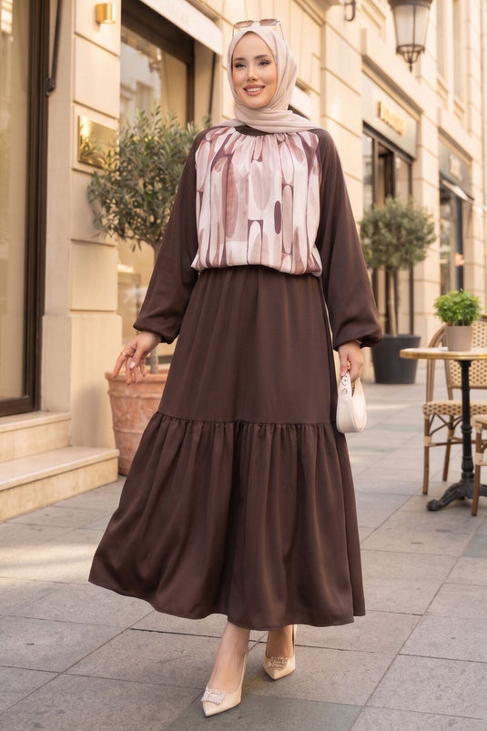 Patterned Skirt Two-Piece Satin Set Brown