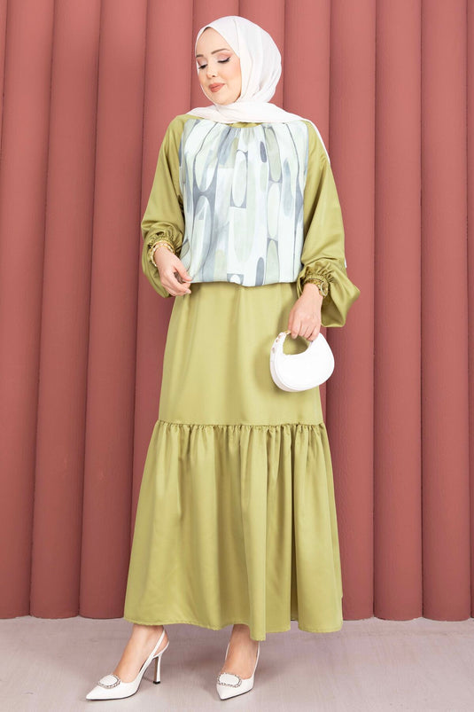 Ensemble Deux Pièces Satin à Jupe Imprimée Vert Olive