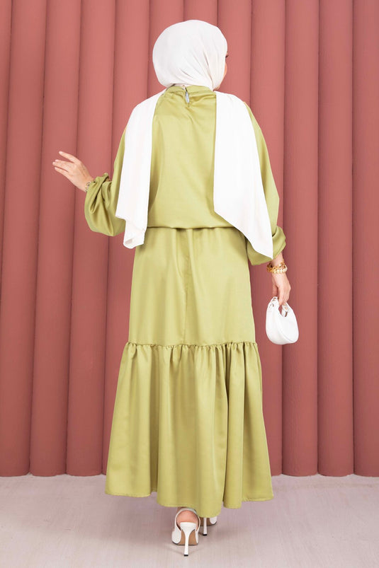 Ensemble Deux Pièces Satin à Jupe Imprimée Vert Olive