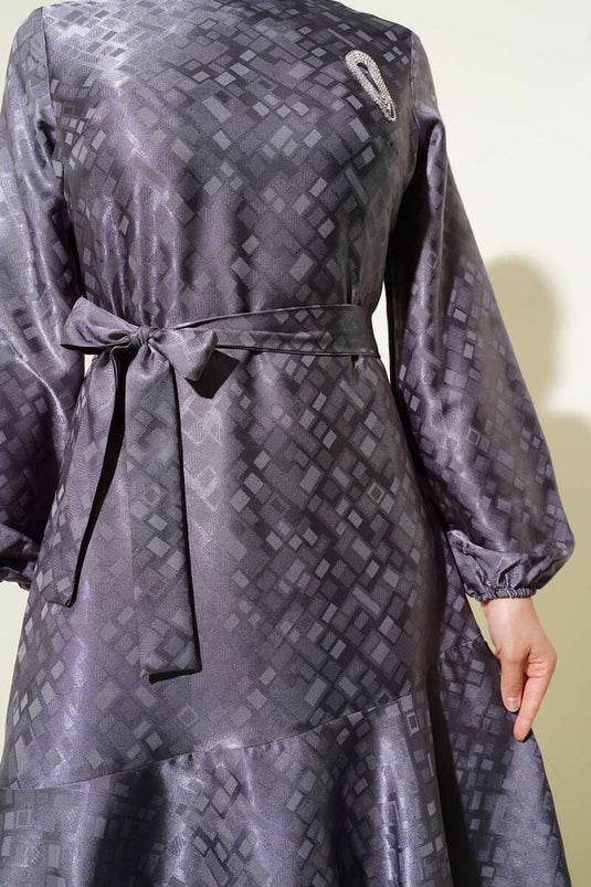 Patterned Ruffle Flounce Jacquard Dress Smoke