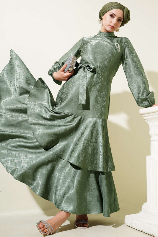 Patterned Ruffle Flounce Jacquard Dress Khaki