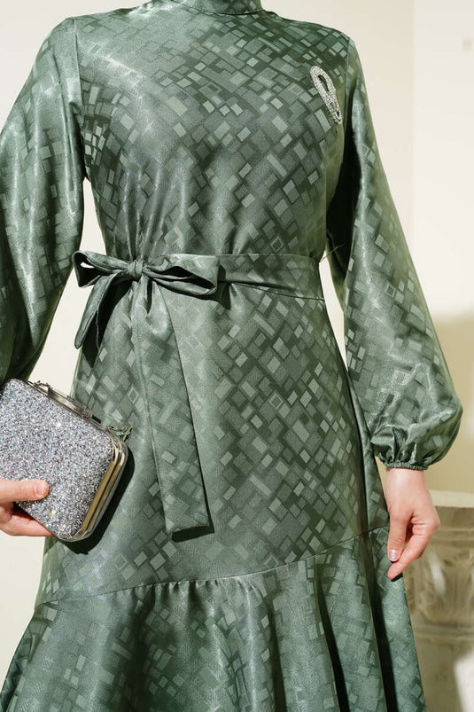 Patterned Ruffle Flounce Jacquard Dress Khaki