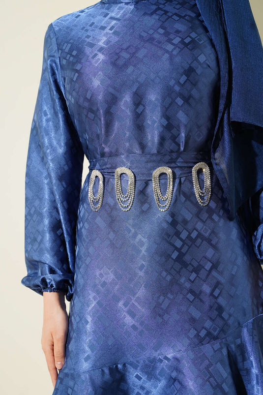 Patterned Ruffle Flounce Jacquard Dress Indigo