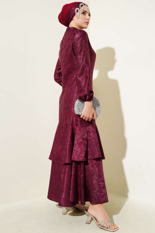 Patterned Ruffle Flounce Jacquard Dress Plum