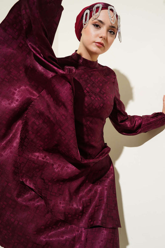 Patterned Ruffle Flounce Jacquard Dress Plum