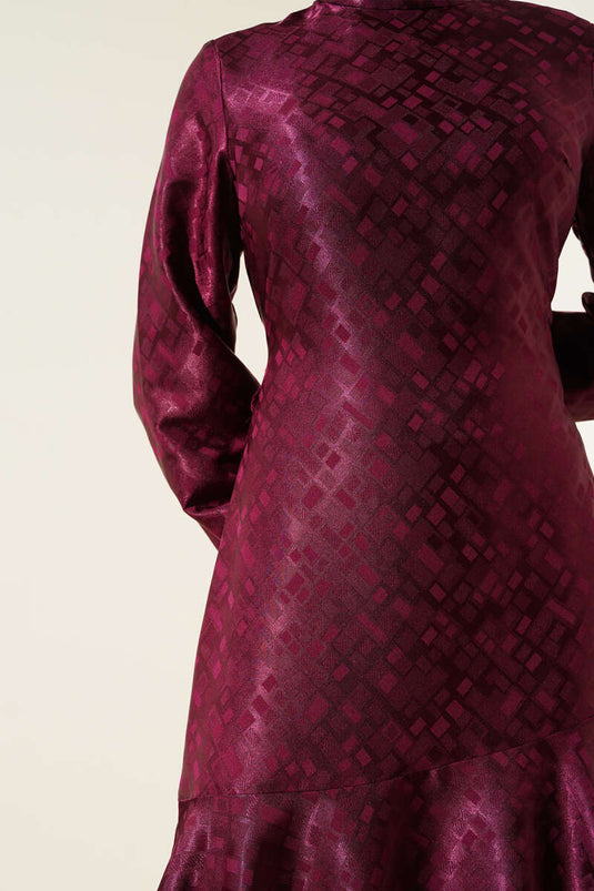 Patterned Ruffle Flounce Jacquard Dress Plum