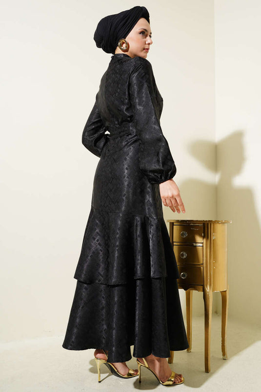 Patterned Ruffle Flounce Jacquard Dress Black