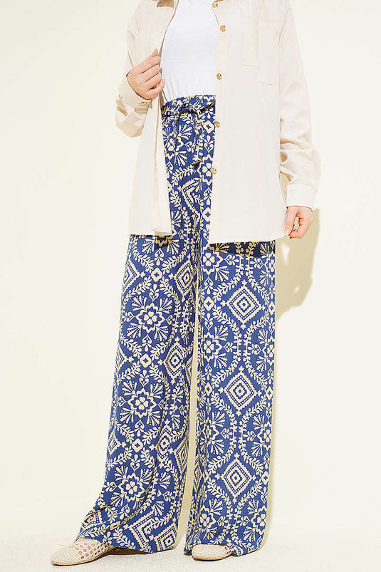 Pantalon à jambes larges élastiqué à motifs bleu marine