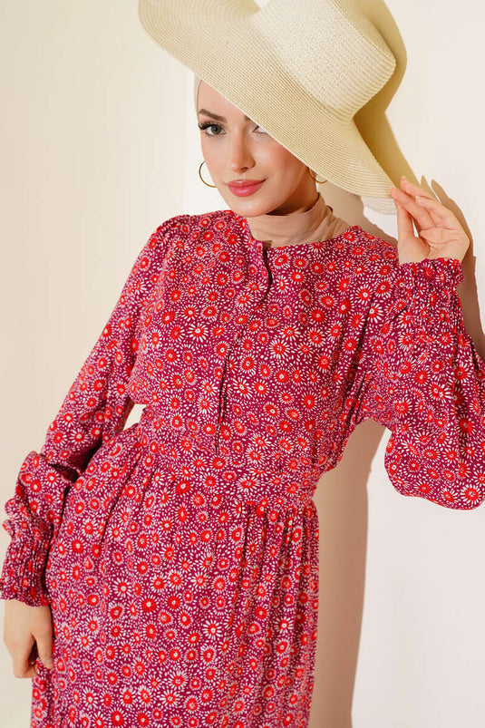 Patterned Hidden Button Dress Plum