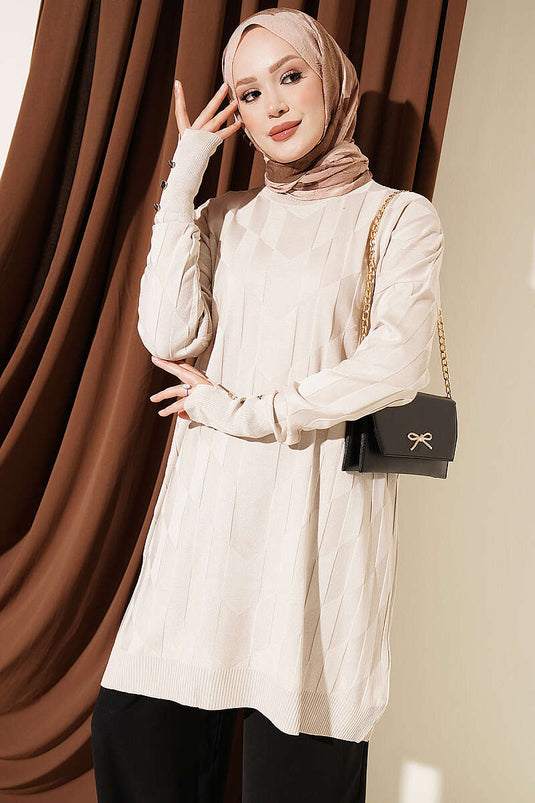 Túnica Mercerizada Con Botones Dorados Y Estampado Beige