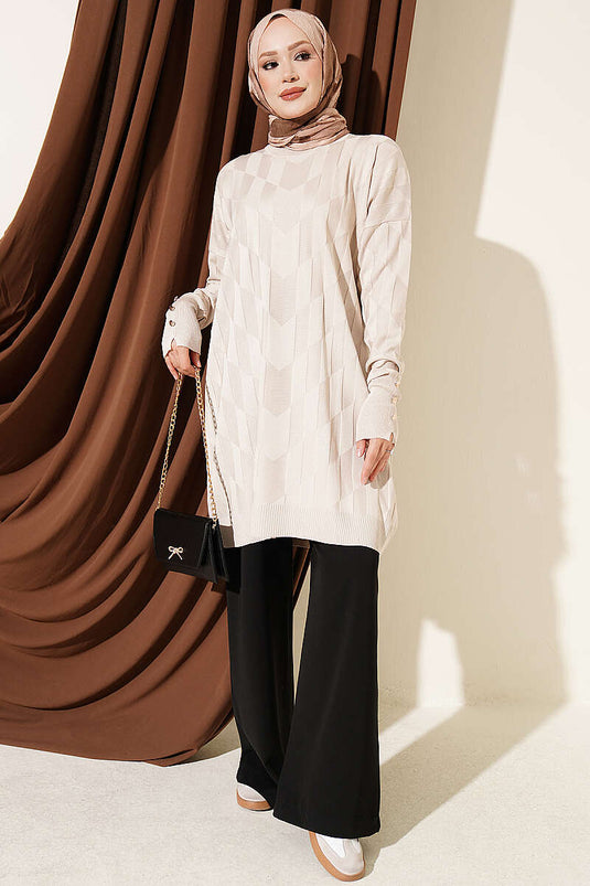 Túnica Mercerizada Con Botones Dorados Y Estampado Beige