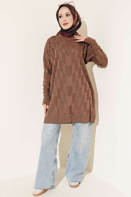 Tunique Mercerisée À Boutons Ornée De Motifs En Marron