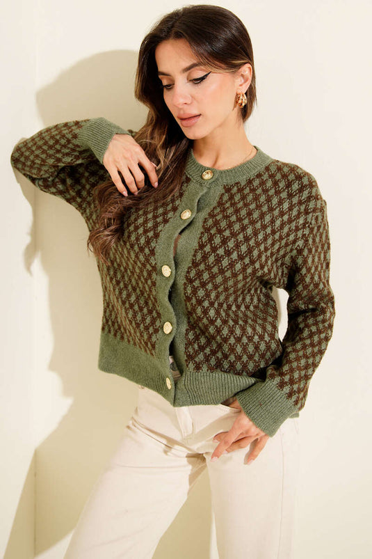 Patterned Gold Buttoned Knit Cardigan In Mint Green