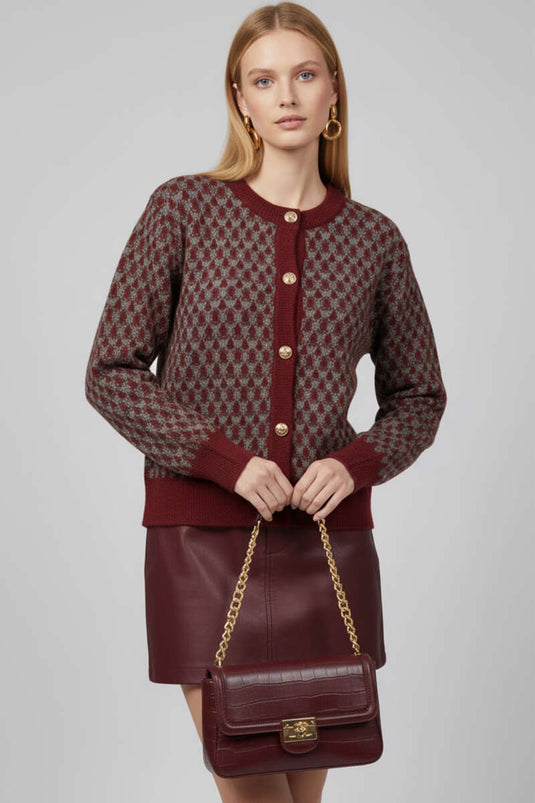 Patterned Gold Buttoned Knit Cardigan Red